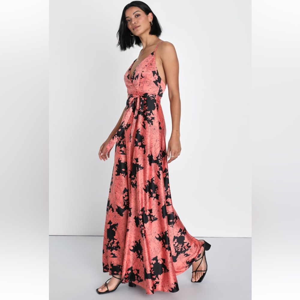 Pink and black floral silk backless maxi dress